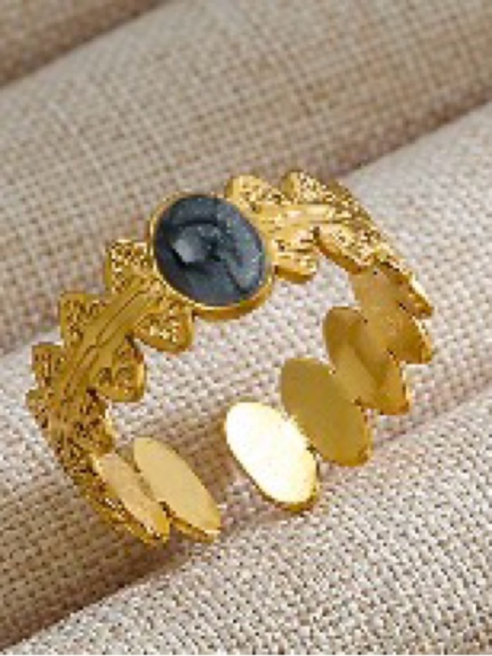 18k Gold plated Laurel Coin Adjustable Ring with cabochon stone for women